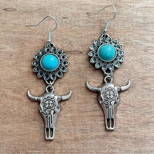 Flower and Steer Skull Earrings with Faux Turquoise